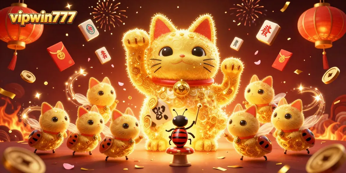Experience the magic of vipwin777 with a vibrant lucky cat and dynamic casino elements.