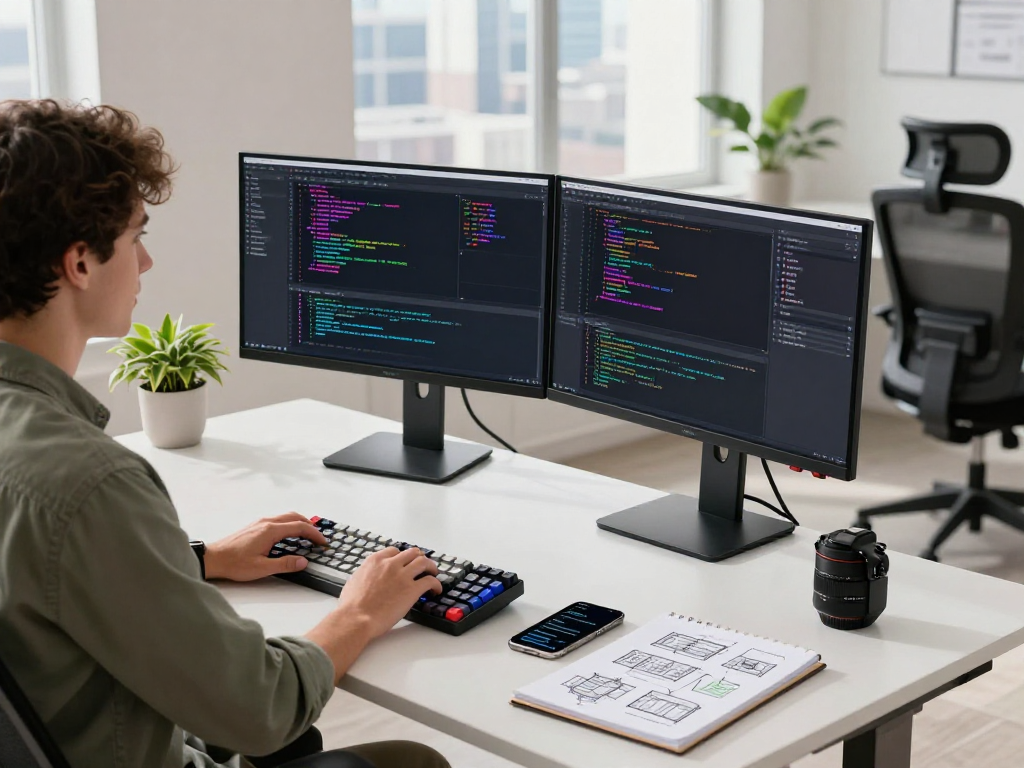 Developer at a modern desk showcasing code and design elements for net88 software solutions.