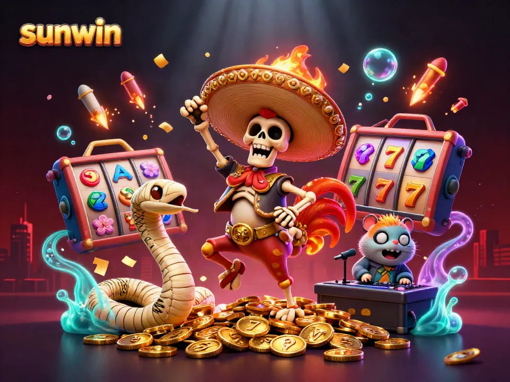 Experience the thrill of playing sunwin with vibrant characters celebrating on piles of coins in a festive casino atmosphere.