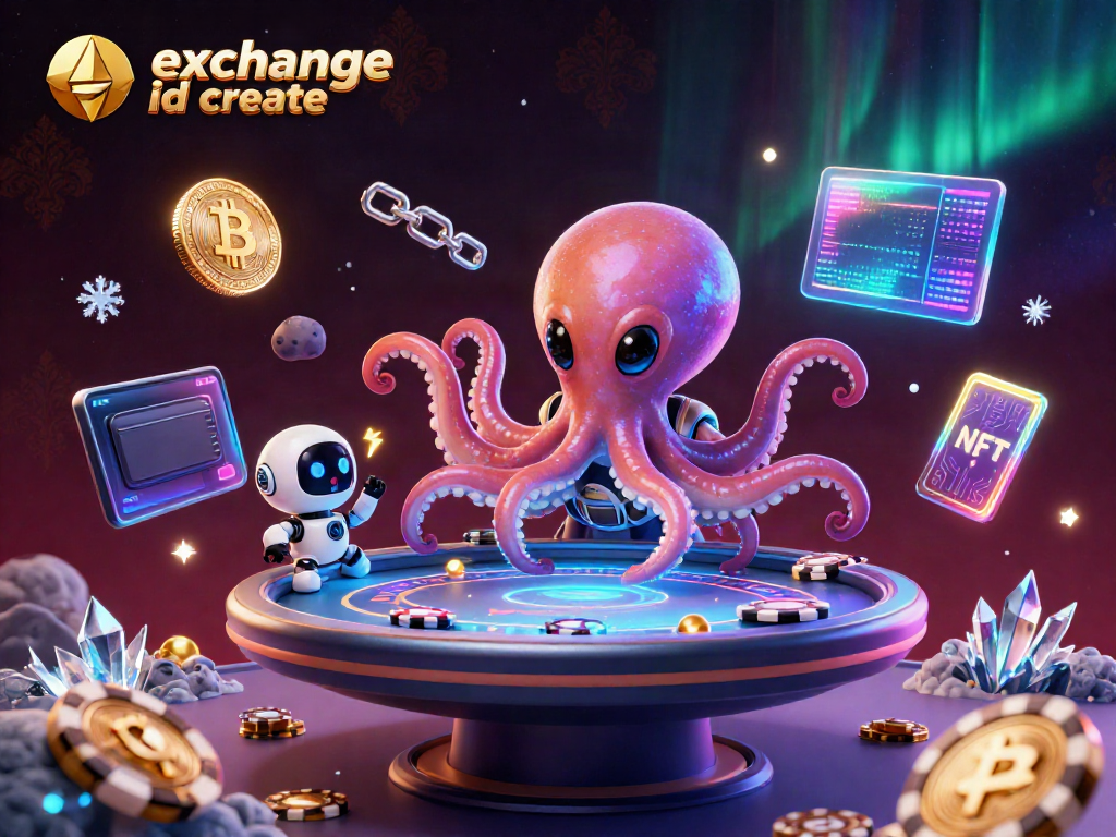 Engage in thrilling gameplay with a vibrant sky exchange id create scene showcasing a holographic poker table surrounded by crypto coins.
