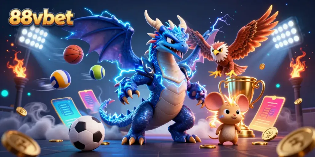 Engage in thrilling sports action with 88vbet featuring a thunder dragon, fierce hawk, and dynamic sports elements.