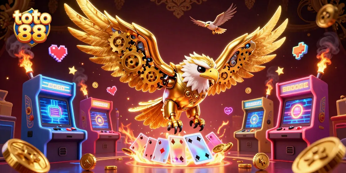 Engage in exciting gameplay with toto 88, where a cybernetic eagle soars amidst holographic cards in a vibrant casino.
