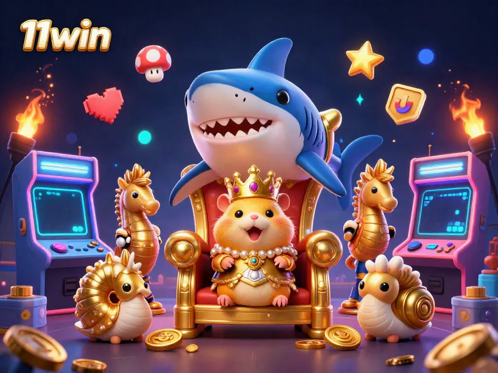 Experience vibrant gaming with 11win as a golden hamster king rules amidst lively arcade elements.
