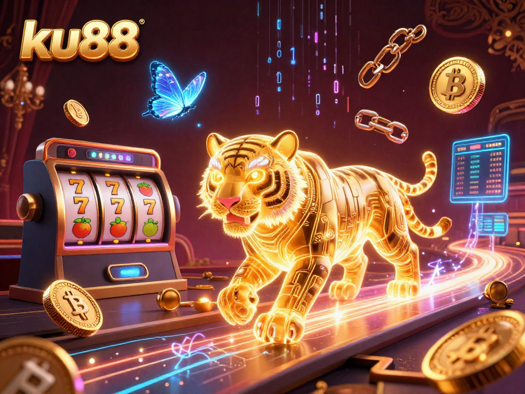 Engage with ku88 in a vibrant casino scene featuring a neon tiger and cryptocurrency elements.