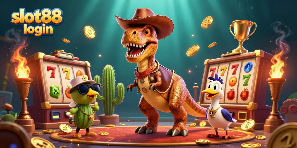 Play on slot88 login with a colorful T-Rex alongside slot reels and lucky symbols in a vibrant casino setting.