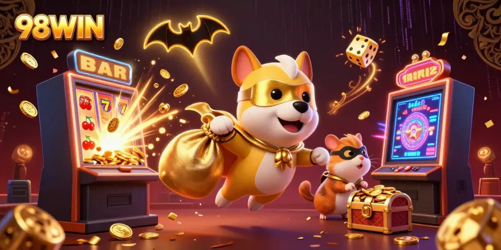 Experience thrilling wins with 98WIN as the superhero dog and sidekick hamster soar amidst jackpot celebrations.