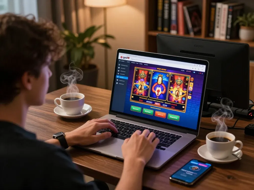Player engaging with the go99 platform on their laptop, highlighting a vibrant gambling experience.