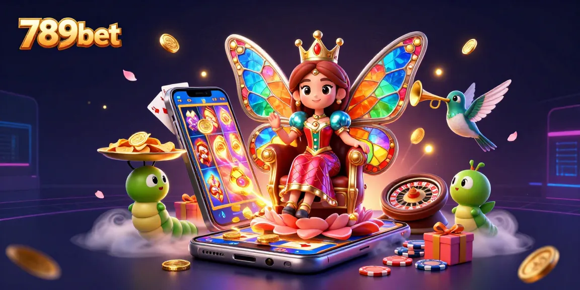 Win big with 789bet in this vibrant illustration featuring a butterfly queen and casino elements.