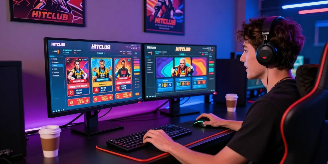 HITCLUB user engaging in immersive online gaming with vibrant interface and gaming accessories.