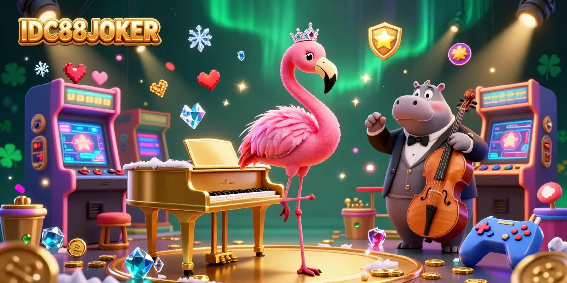 Join the fun at IDC88JOKER with a vibrant 3D casino illustration showcasing a lively lounge and arcade atmosphere.