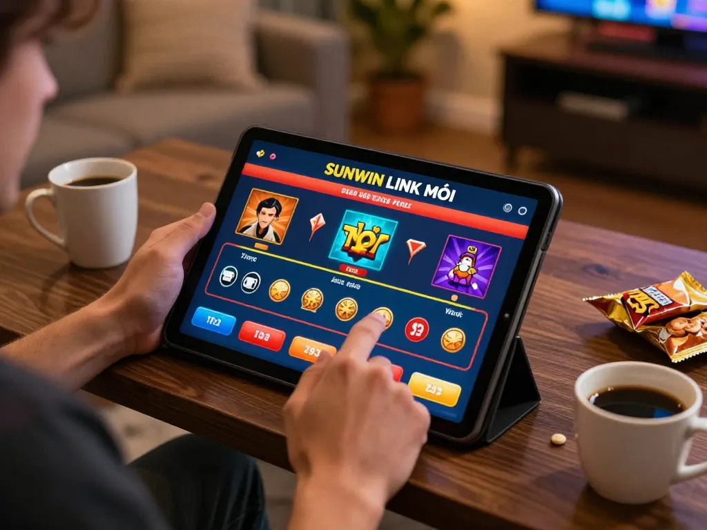 Sit down and play exciting games with SUNWIN LINK MỚI on a tablet in a cozy home setting.