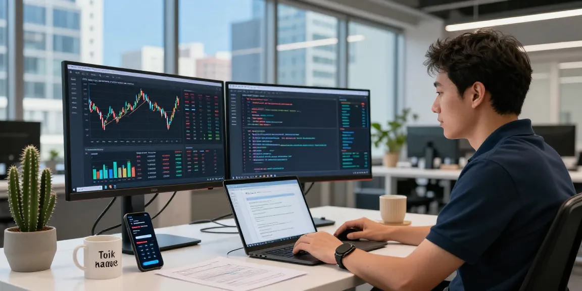 Showcasing a developer using a free market data API in a vibrant tech workspace.