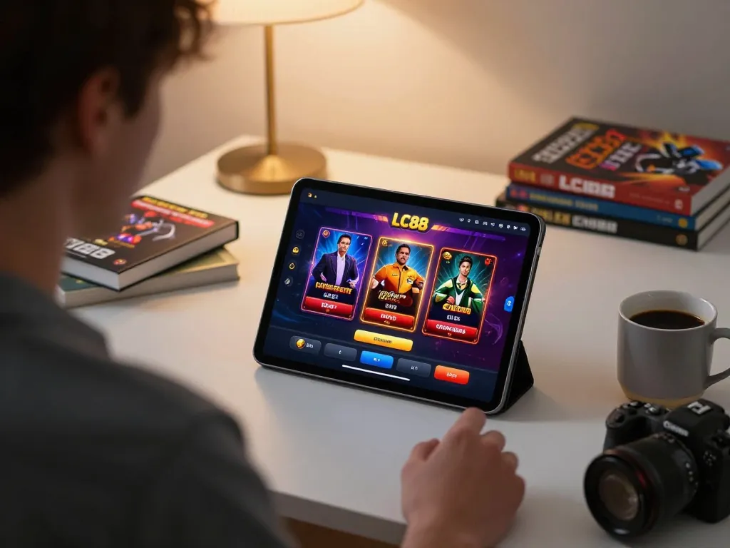 Engaging in online casino gameplay on LC88 app with a cozy setup and strategic focus.