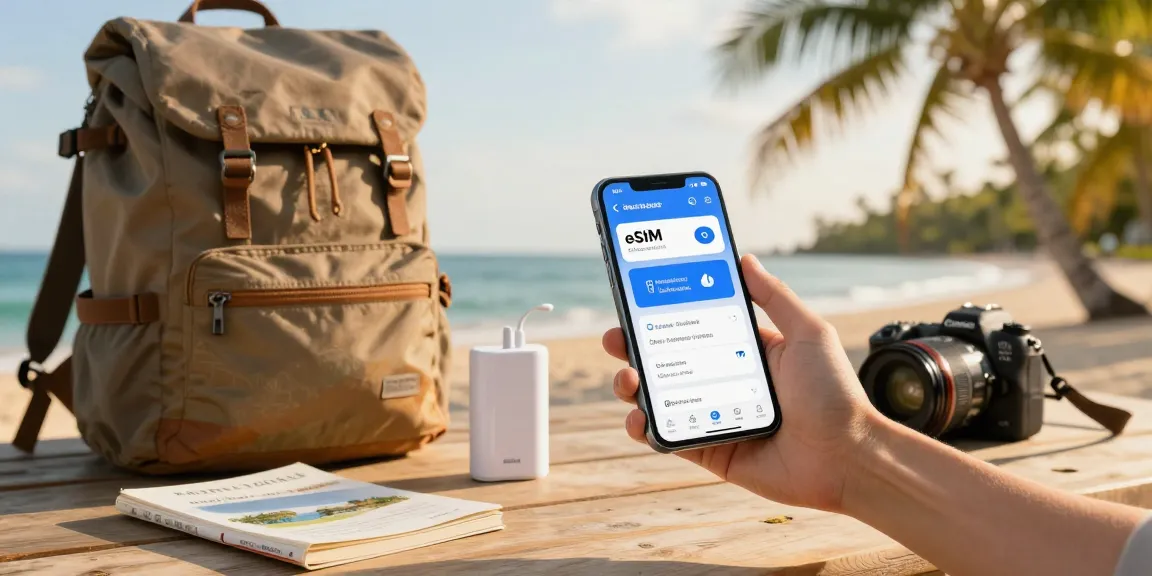 Traveler comparing eSIM优惠券 (eSIM yōuhuìquàn) deals on smartphone at a beach, showcasing travel gear and exotic scenery.