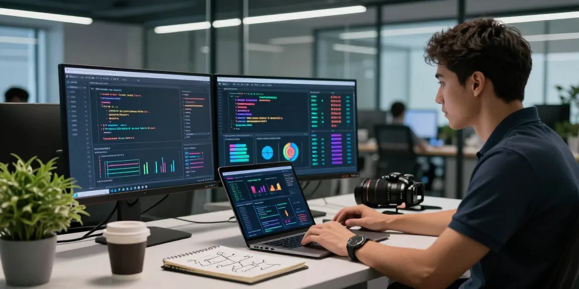 libertyswap coder analyzing blockchain data in a modern workspace with digital displays and coffee