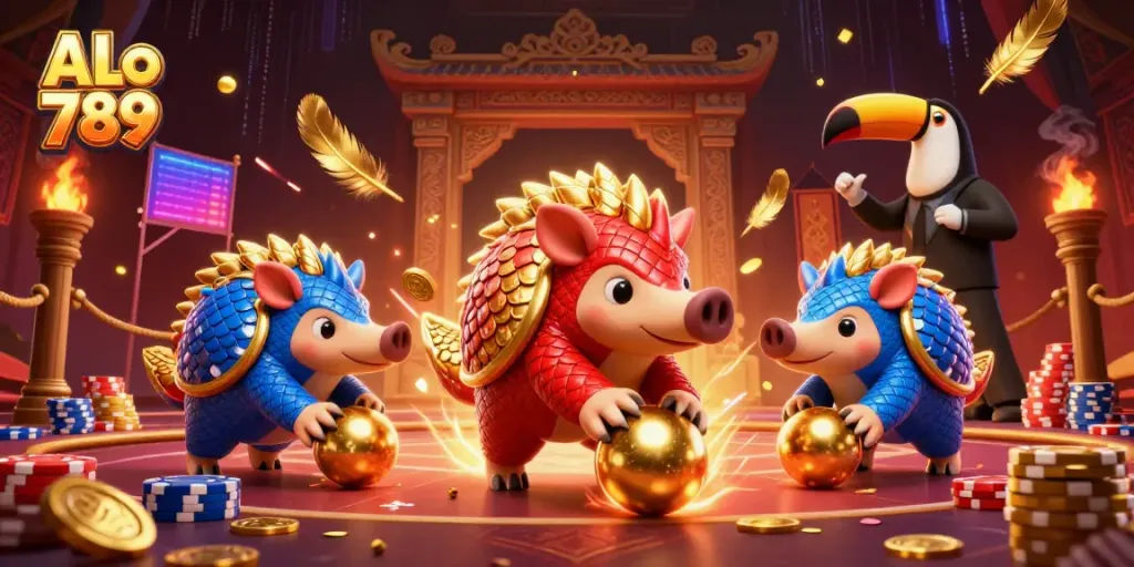Engage with ALo 789's thrilling pangolin battle in a vibrant online casino setting, featuring dynamic action elements.