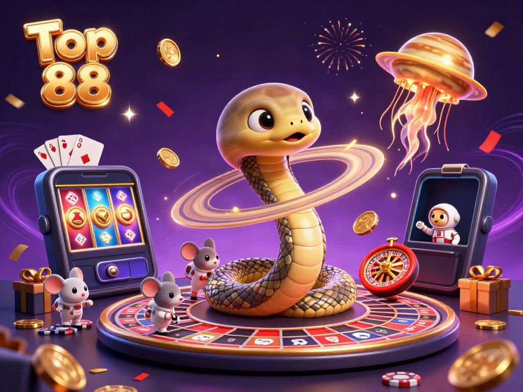 Experience excitement with Top 88 in this vibrant cosmic casino scene featuring unique characters and action.