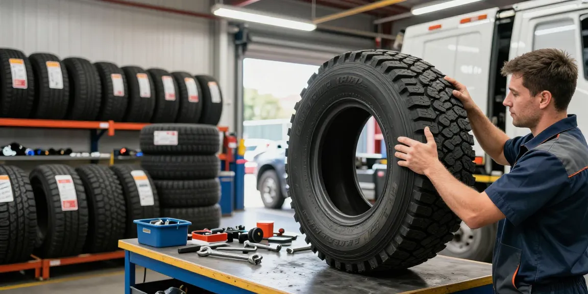 Technician inspecting Double Coin RR99 tire in automotive workshop showcasing durability and performance.