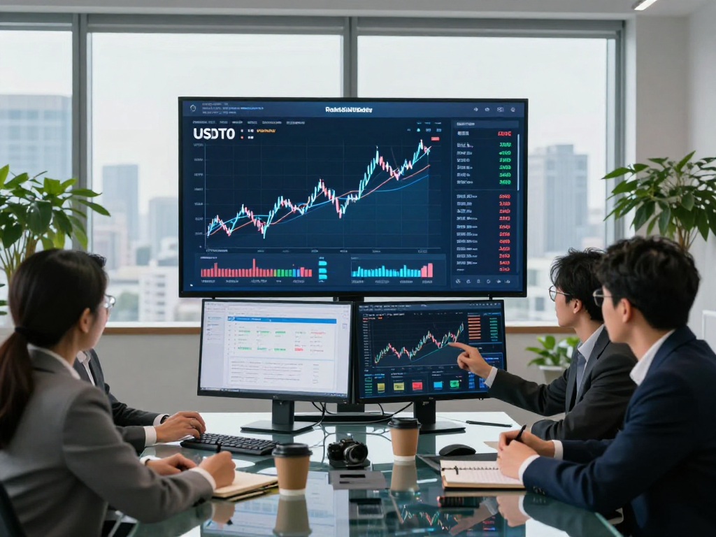 Team analyzing USDT0 liquidity flows in a modern finance workspace with digital screens.