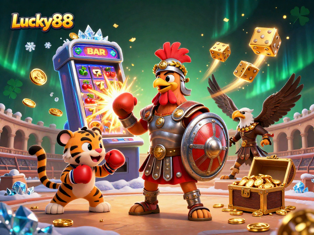 Engage with Lucky88's vibrant casino scene featuring characters and jackpot symbols in action, capturing the excitement of gameplay.