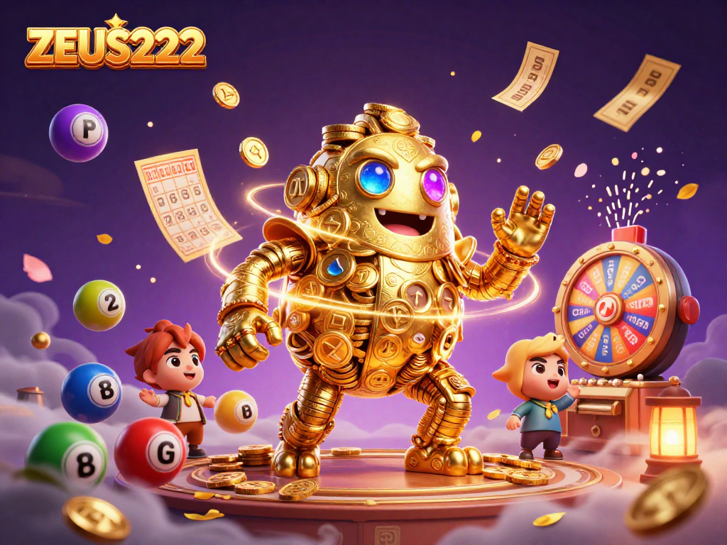 Engage with ZEUS222's slot gaming as the golden golem guides players through vibrant lottery fun.