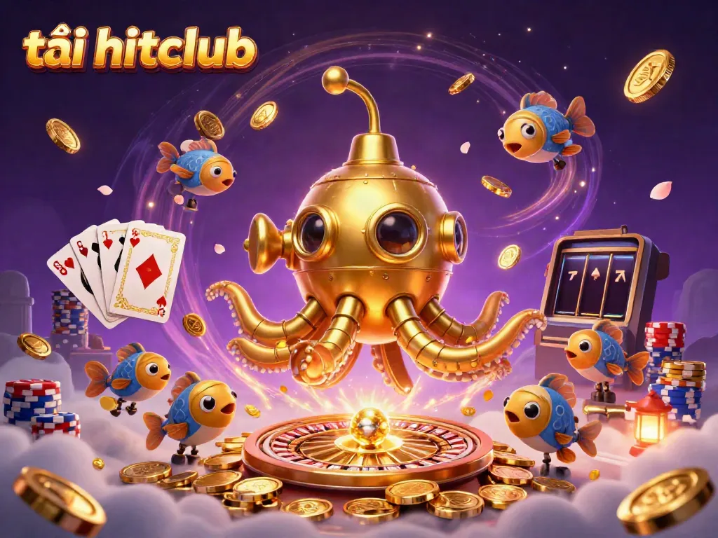 Engage in thrilling adventures as you tải hitclub, surrounded by whimsical gold coins and vibrant casino elements.