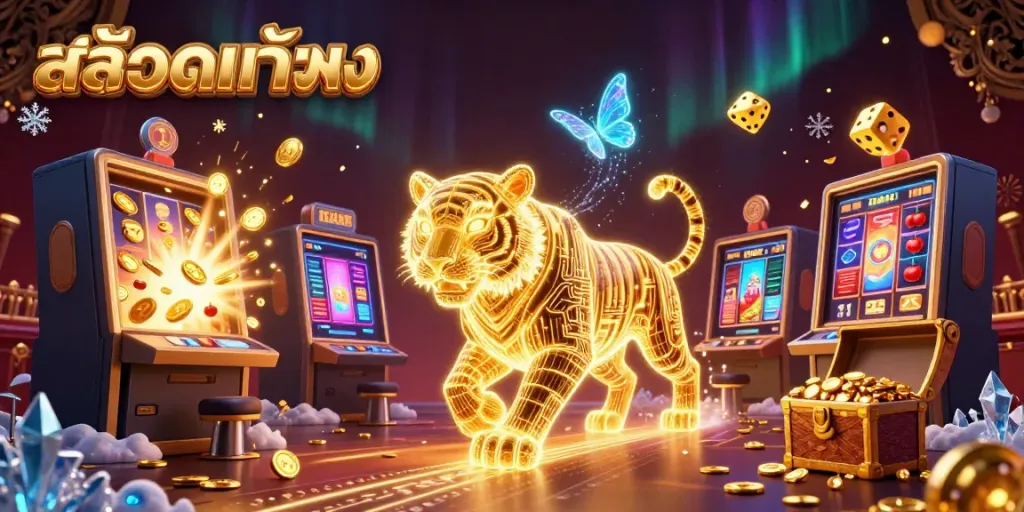 Experience the vibrant energy of สล็อตแท้ตรง with a neon tiger in a digital casino, surrounded by floating jackpots and confetti.