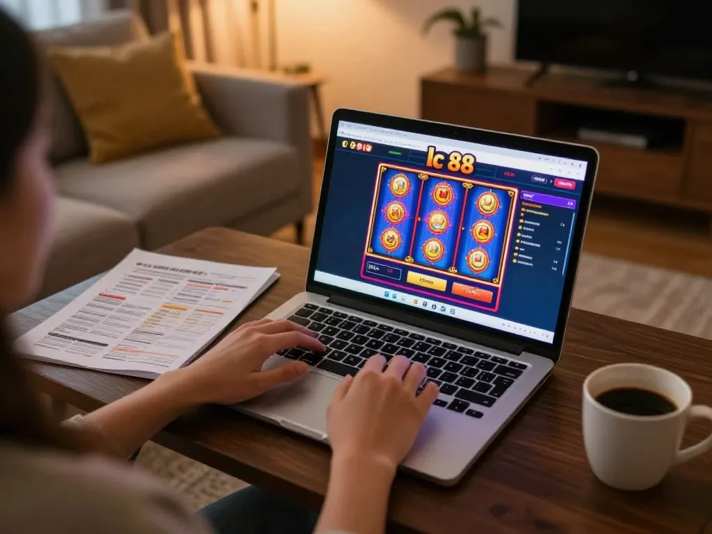 Engaging online gambling session on lc 88 with vibrant slot games and cozy setup