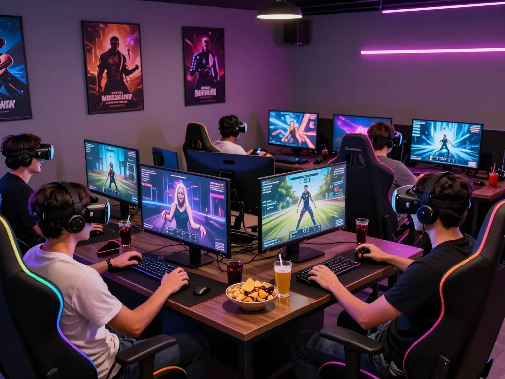 Engaged players enjoying online porn games in a vibrant gaming lounge.