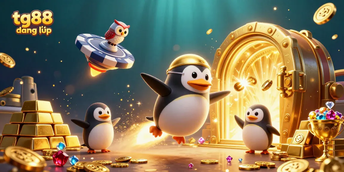 Engage with tg88 đăng nhập as the golden penguin races to the casino space station amid treasure and excitement