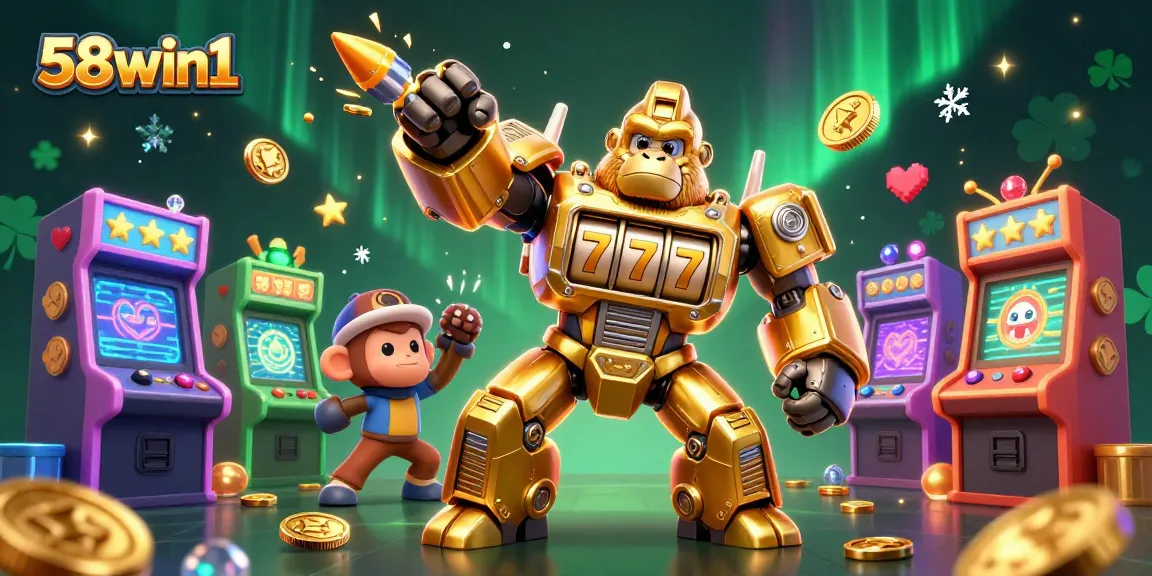 Engage with exciting gaming experiences at 58win1 with our vibrant 3D illustration of a golden gorilla mech.