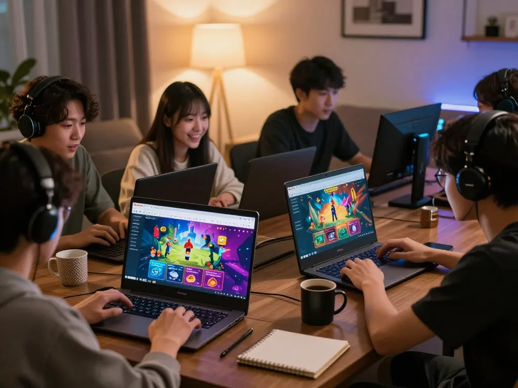 Players enjoying LOTO188 online casino gaming in a cozy home setting with laptops and vibrant screens