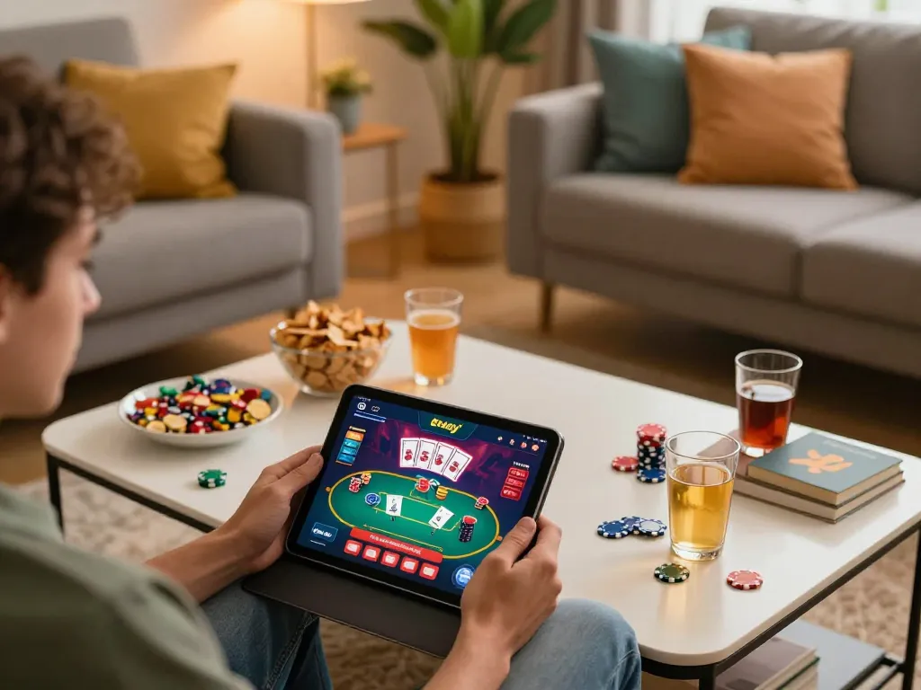 8day player engaging in an online poker game on tablet in cozy home setting, showcasing interactive casino experience.