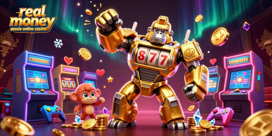 Engage with the exciting world of real money aussie online casino featuring a golden gorilla mech and vibrant game elements.