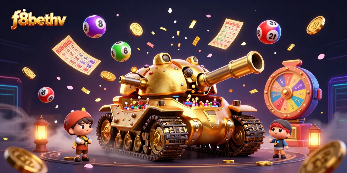 Win big at f8bethv with a dynamic 3D casino illustration featuring vibrant games and lottery elements.