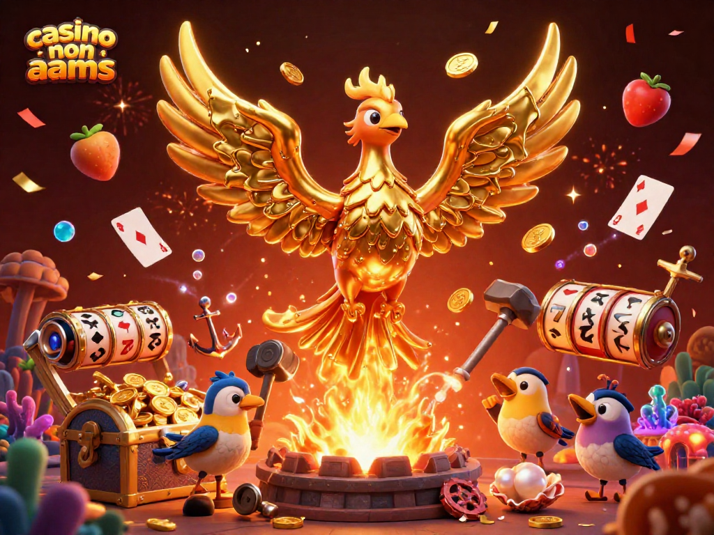 Illustrazione di un casinò non AAMS con un fenice dorata e simboli delle slot volanti.