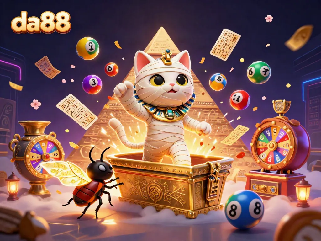 Experience the excitement of da88 with a 3D Egyptian mummy cat and glowing double wings in a vibrant casino scene.