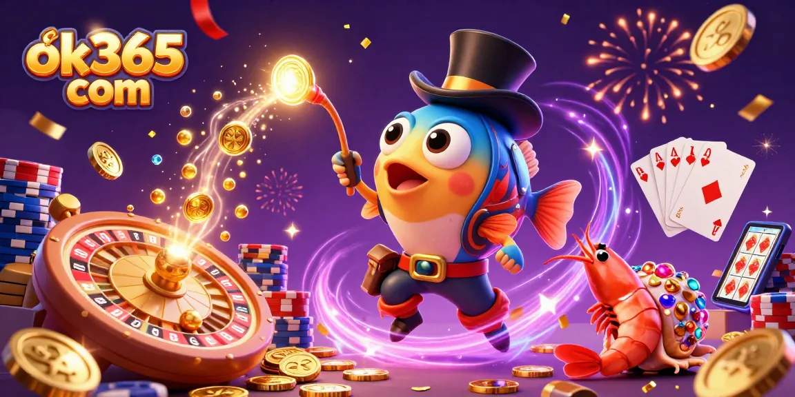 Experience thrilling gaming with ok365 com in this vibrant underwater casino scene filled with golden coins, roulette wheels, and energetic characters.