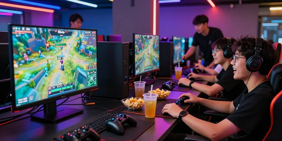 Friends enjoying a gaming session at a Rikvip lounge, vibrant atmosphere and LED lights.