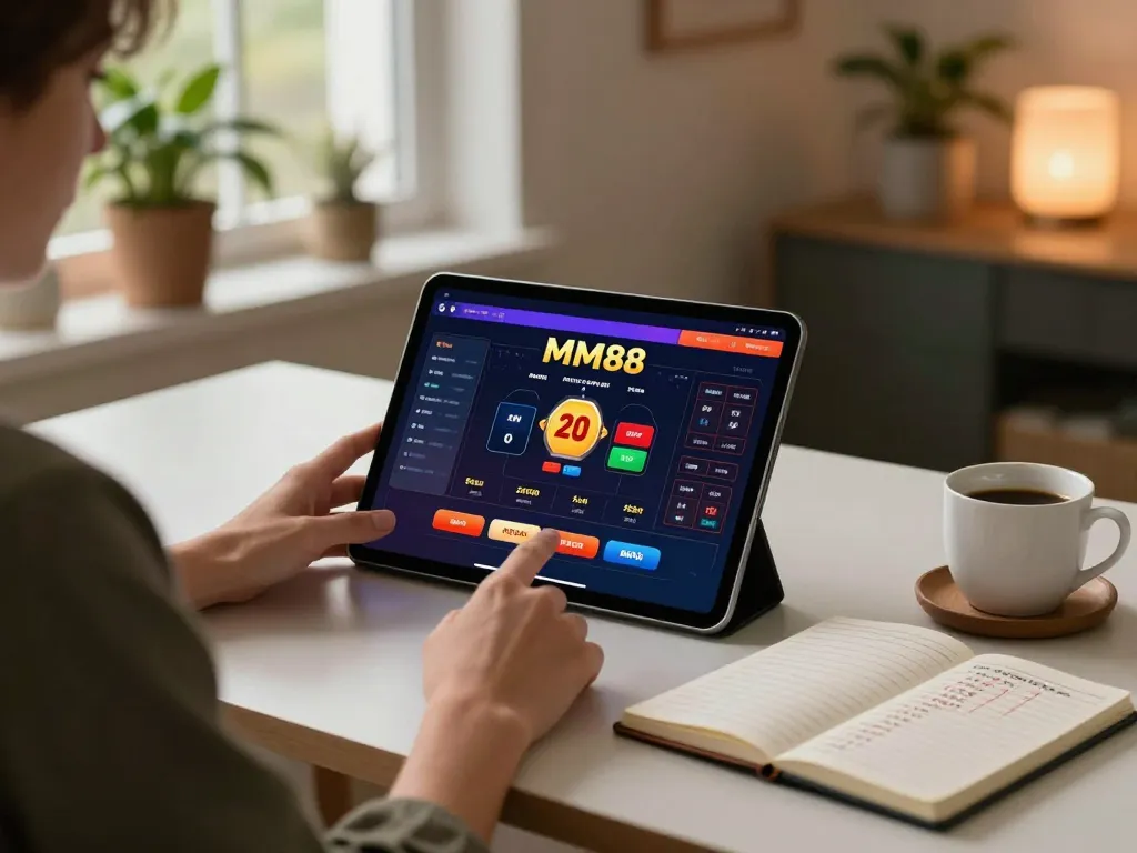 Engaging online gamer using the MM88 app on a tablet in a cozy home setup.