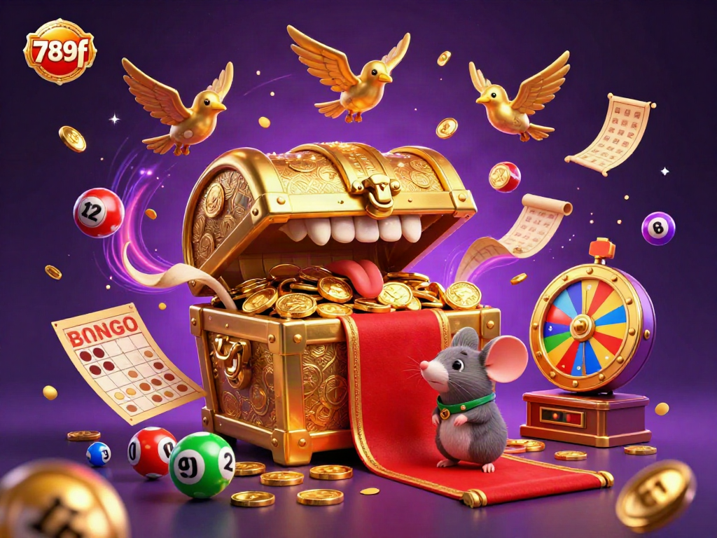 Engage with 789f's vibrant 3D treasure chest lure, surrounded by lively lottery elements and magical ambiance.