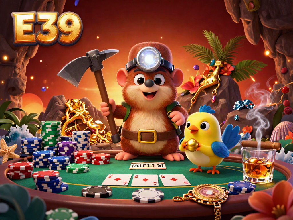 Join the treasure hunter mole and canary companion in E39 as they explore a vibrant poker scene filled with golden gems.