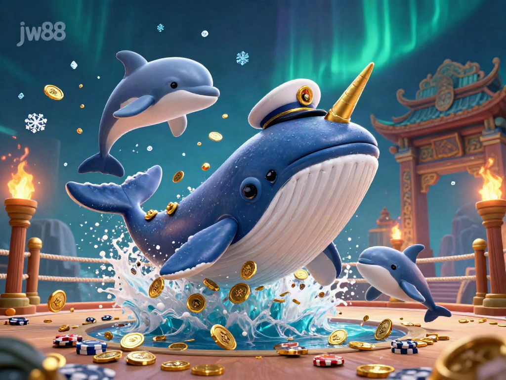 Experience the thrill of jw88 with our vibrant 3D scene featuring a whale and playful dolphins celebrating wins among gold coins.
