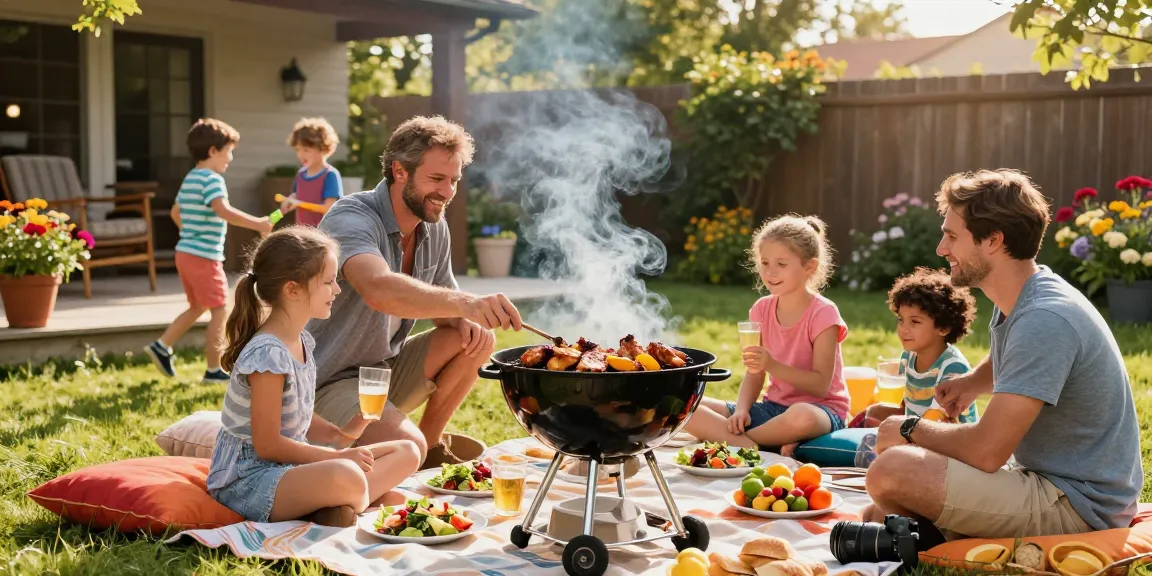 Suasana BBQ di halaman belakang dengan keluarga dan teman menikmati BOS 88 saat bersantai.