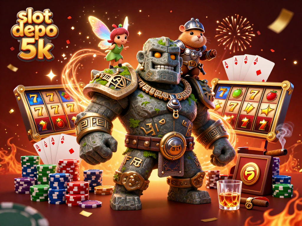 Experience the thrill of slot depo 5k with dynamic characters, jackpot symbols, and vibrant casino elements.