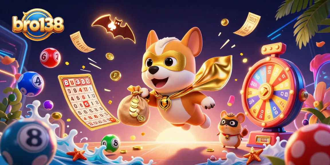 bro138 promotes safe gambling with a dynamic illustration featuring a superhero dog and lucky casino elements.