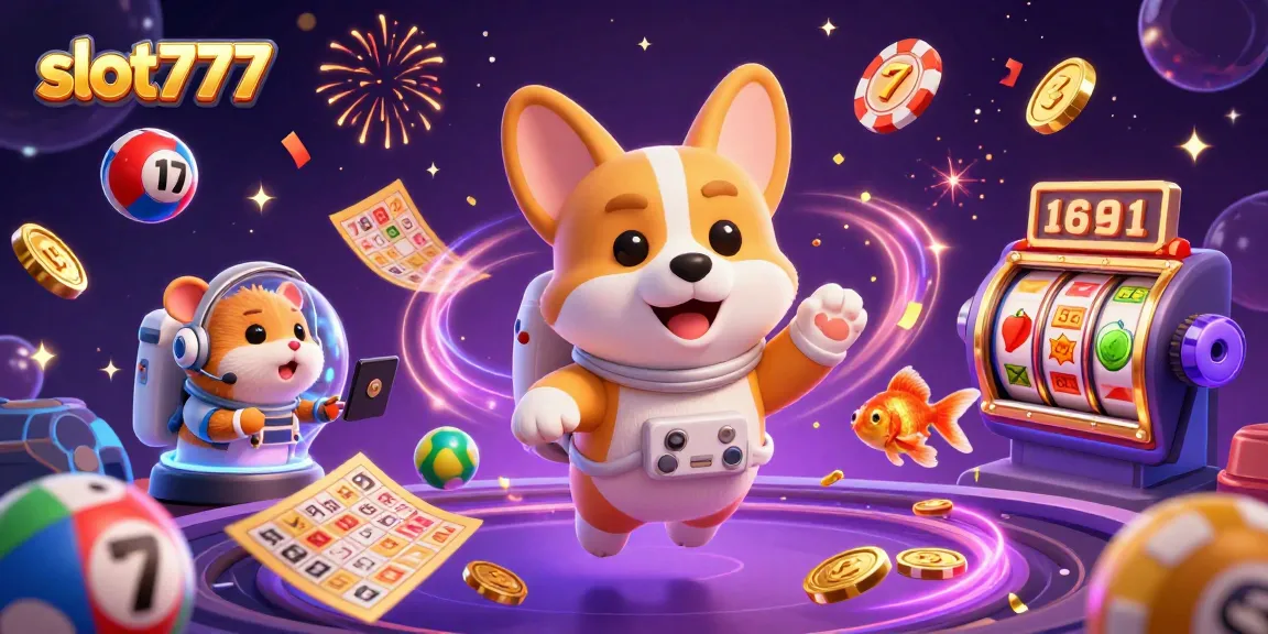 Engage with the exciting slot777 casino universe filled with drifting poker chips, floating characters, and vibrant gambling elements.