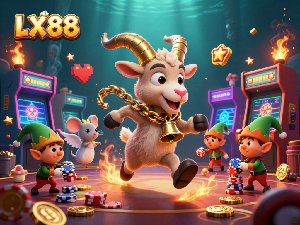 Experience LX88's thrilling gaming world with festive characters in a vibrant casino setting.
