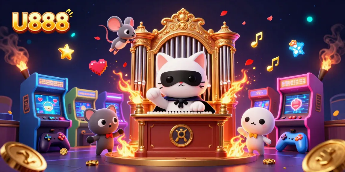 Experience the thrill of U888 with a vibrant 3D casino scene featuring animated characters and gaming elements.