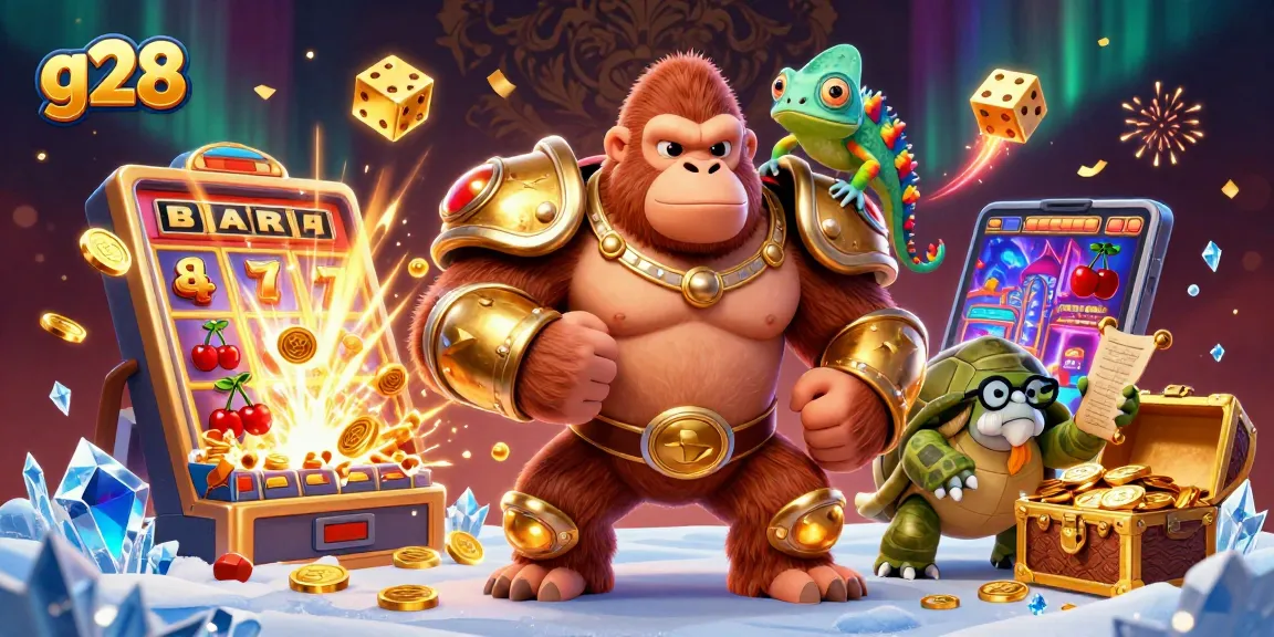 Engage in thrilling gambling adventures with g28, featuring vibrant 3D gorilla king and festive casino action.